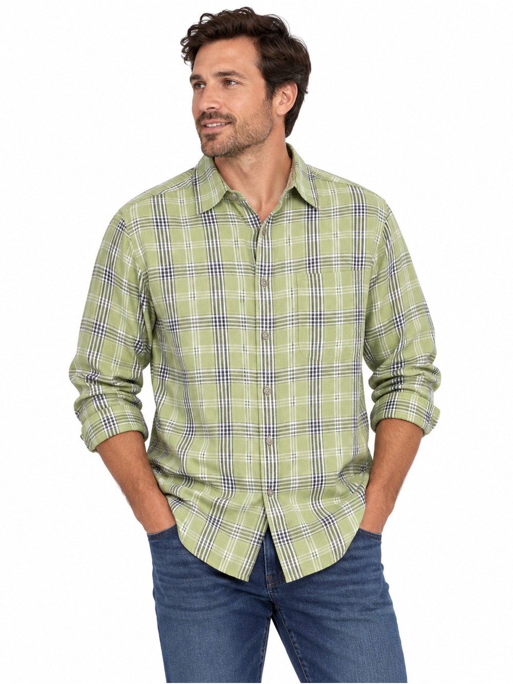 Eddie Bauer Green Plaid Linen Cotton Button Down Shirt Men’s XL